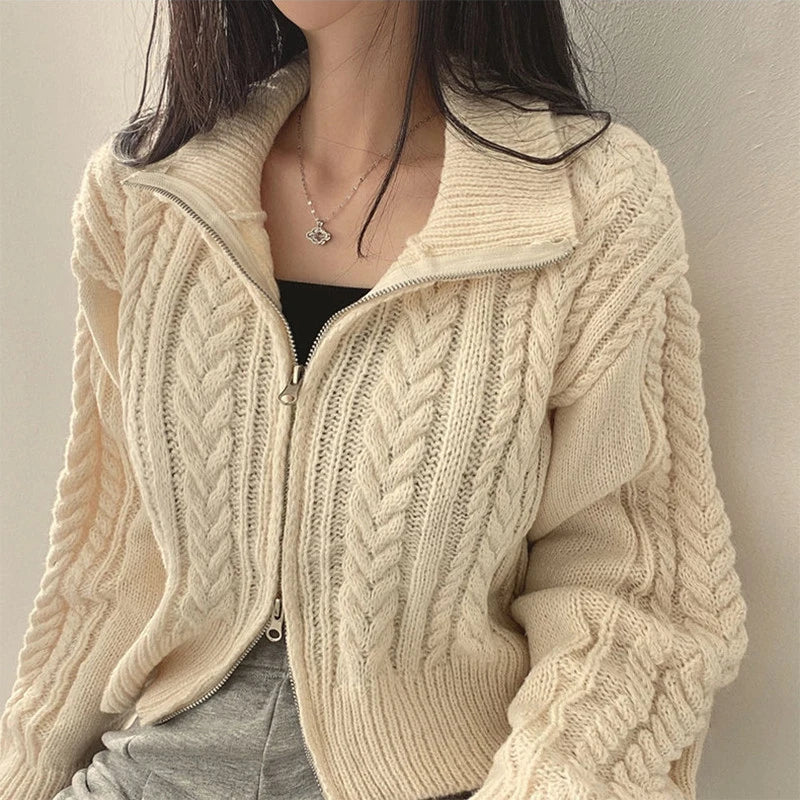 New Long Sleeve Elegant Cardigan Zipper Women Sweaters Fashion Fall Knitted Top Autumn Winter Loose Casual Knitwear Short Coat