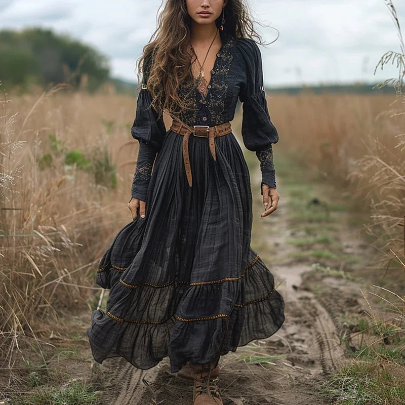 Lady Elegant Deep-V Holiday Retro Embroidery Dress 2025 Bohemian Print A-line Maxi Women Dress Fashion Long Sleeve Beach Dress