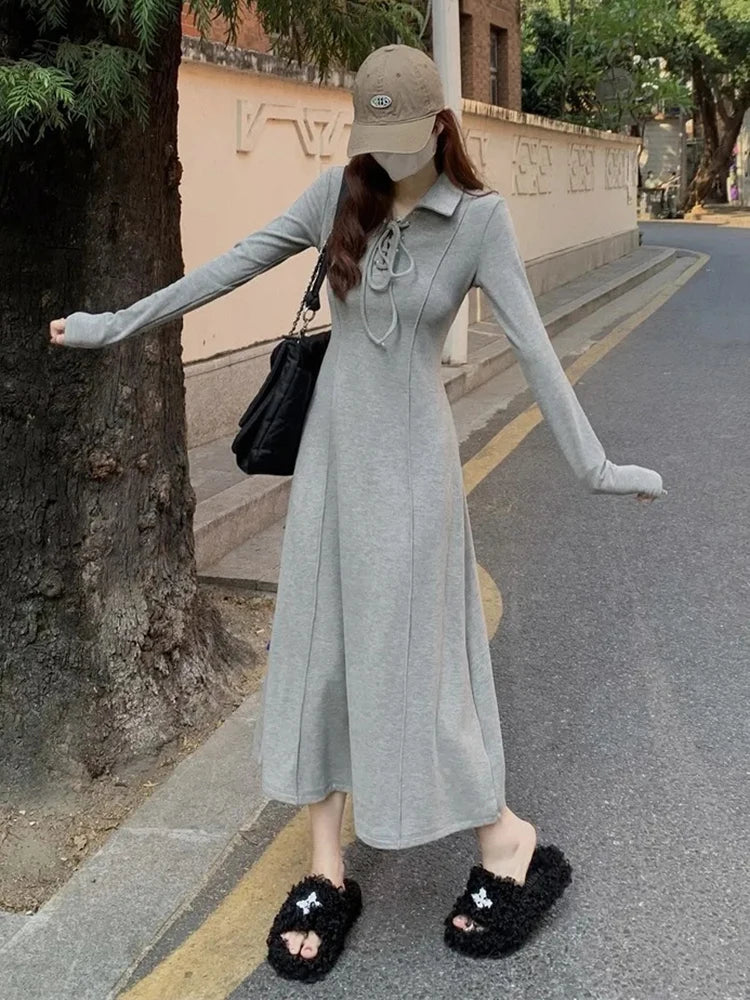 Elegant Slim Gray Long Dress Women Sweet Vintage Long Sleeve Fall Dress Casual Korean Retro Lace Up All Match A Line Long Dress