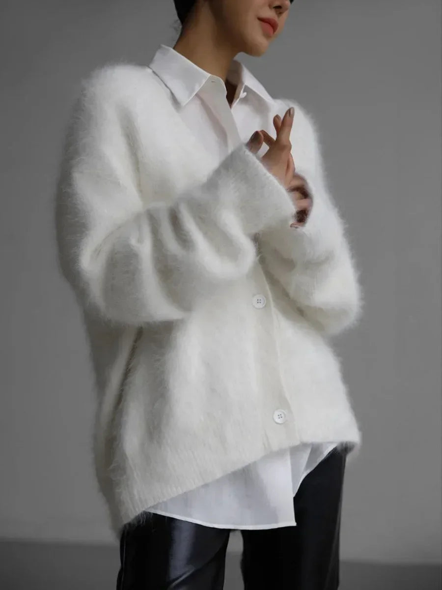 Blubelle Women's Winter Imitation Mink Cardigan - Soft V-neck Thick Knitted Button Vintage Sweater Jacket