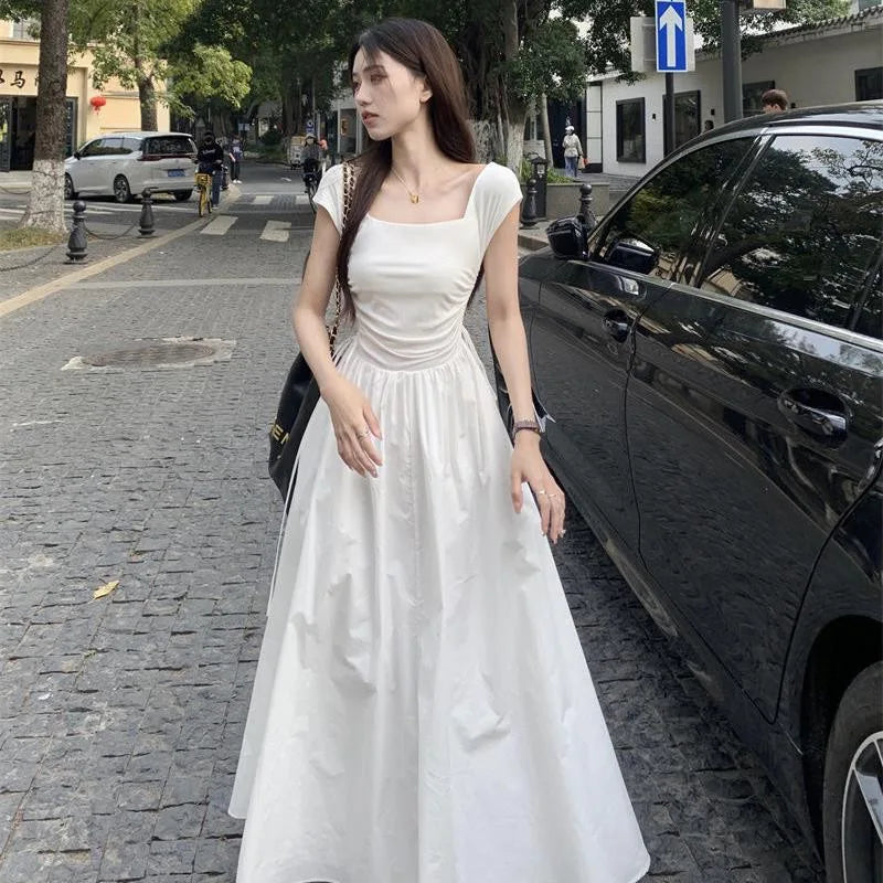 Square Collar Dress for Women in Summer French Waist-closing and Slimming A-line Design Drawstring