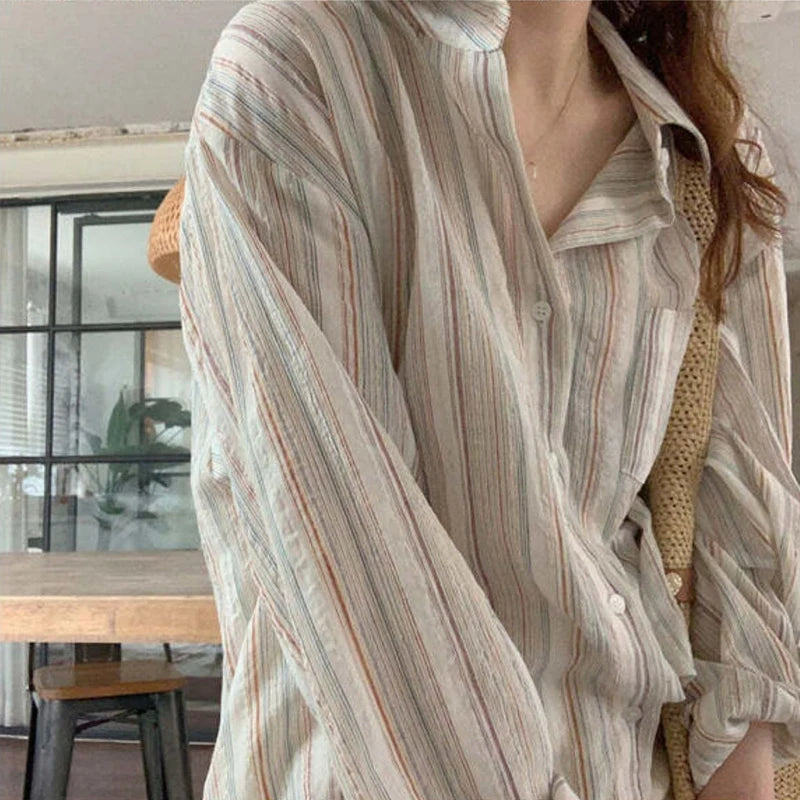 Fashion Long Sleeve Office Casual Women Shirt 2025 Spring Autumn Lapel Loose Simple Elegant Stripes Basic Tops Pockets Clothes