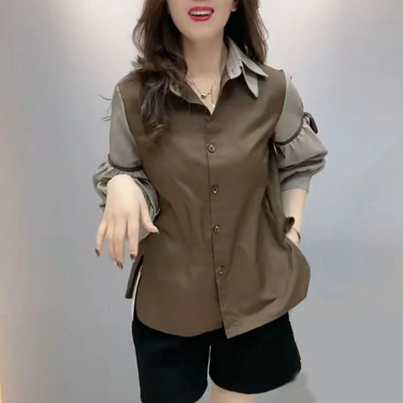 Women's Clothing Stylish Lace-up Bow Chic Button Up Shirt Contrast Color Patchwork Split Blouses Casual Lapel Long Sleeve Tops