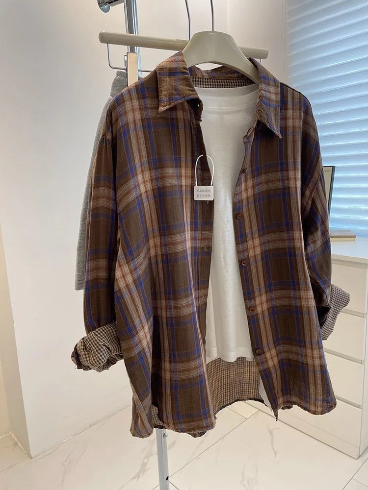 Women Vintage Long Sleeve Shirt Oversized Plaid Shirt Autumn Winter Fashion Loose Lapel Shirt Fit Blouse