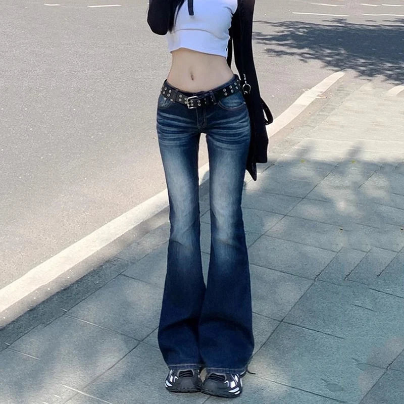 American Vintage Low Waist Jeans Women High Street Y2K Pocket Micro Flared Pants Woman 2025 Dark Blue Denim Long Trousers Female