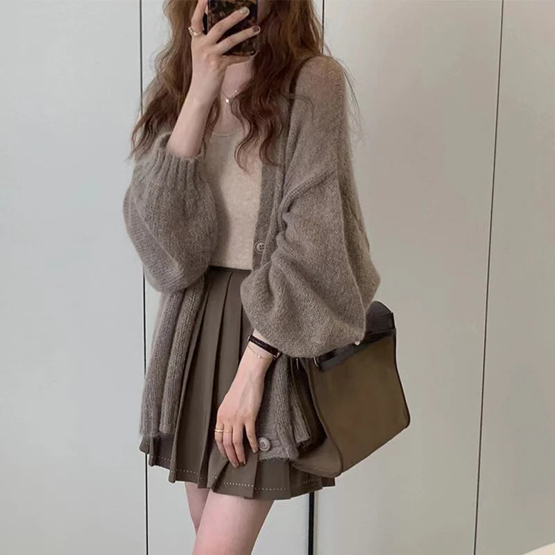 Autumn Winter Long Sleeve Knitted Cardigan Women Sweaters New Fashion V Neck Puff Sleeve Button Casual Loose Women Sweaters Coat